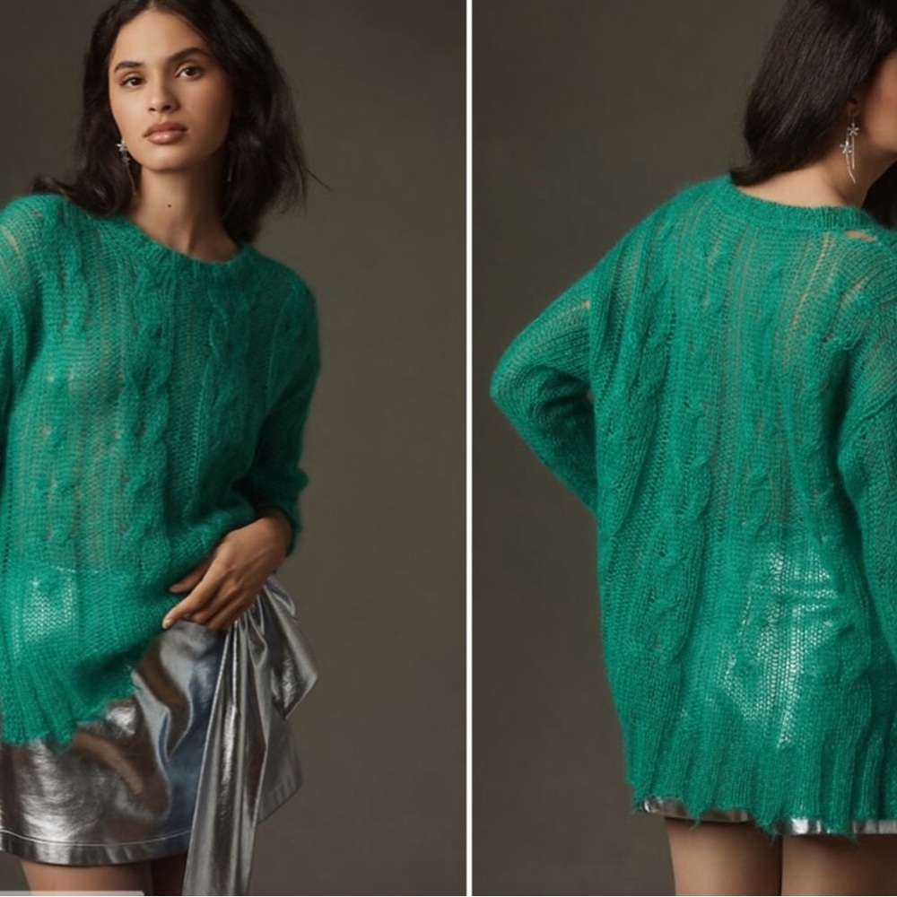 Anthropologie The Posey Stitchy Distressed Wool Sweater Green Vert Size XS